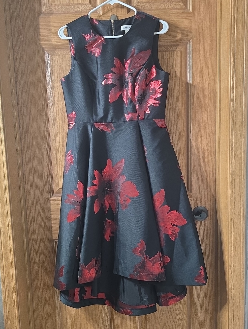 Calvin Klein Black Dress with Red Floral Print High-Low Hem